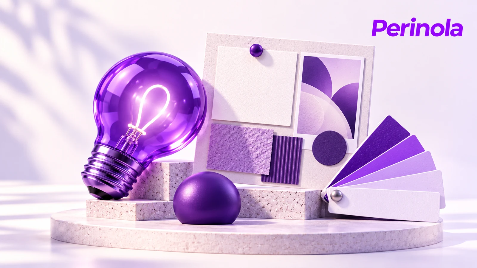 Bombilla violeta junto a un tablero creativo y muestras de color