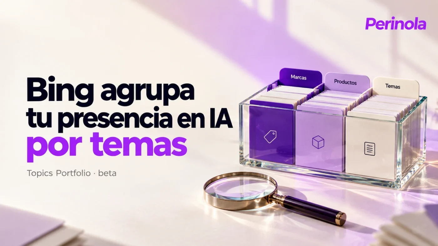 Ilustración conceptual generada con IA: fichas organizadas en un archivador de cristal junto al titular Bing agrupa tu presencia en IA por temas. No es una captura de Bing.