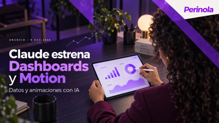 Vista sobre el hombro de una mujer que consulta gráficos en una tablet orientada hacia ella, junto al titular Claude estrena Dashboards y Motion.