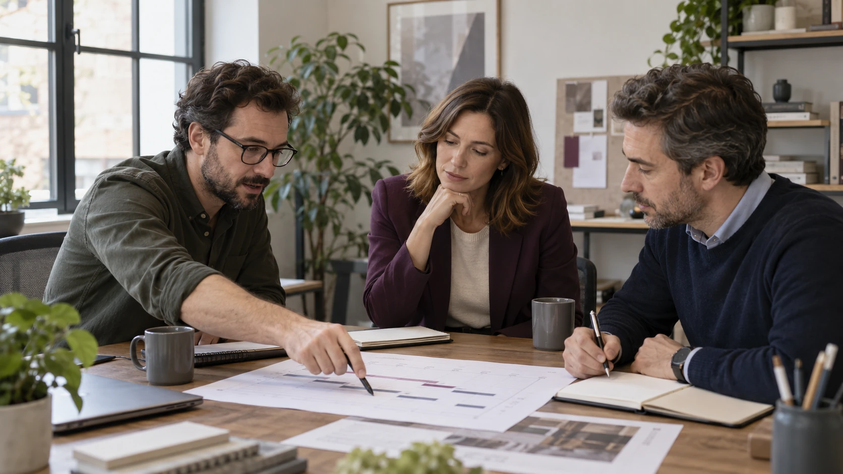 Tres personas revisan un cronograma sobre una mesa y toman notas para organizar el trabajo.