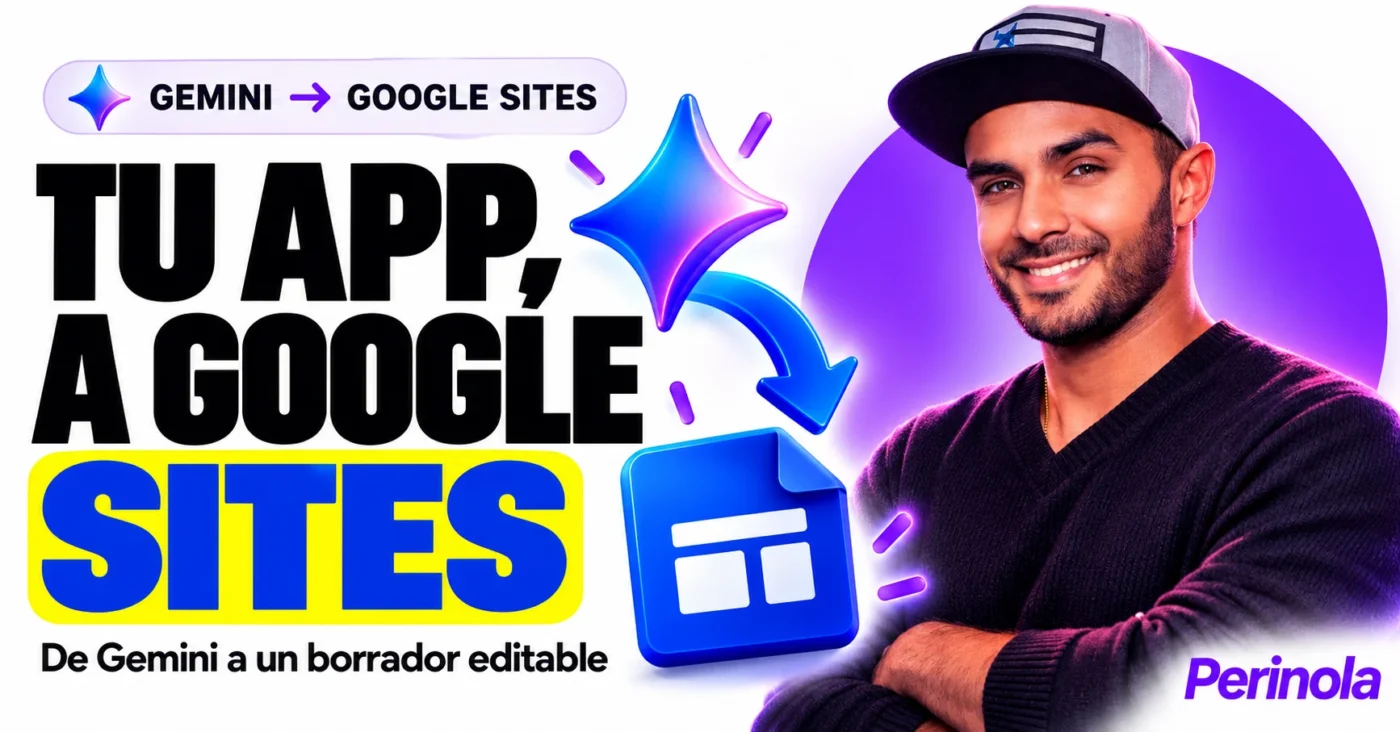 Carlos Acevedo junto a los símbolos de Gemini y Google Sites; composición editorial asistida por IA sobre la exportación a un borrador editable.