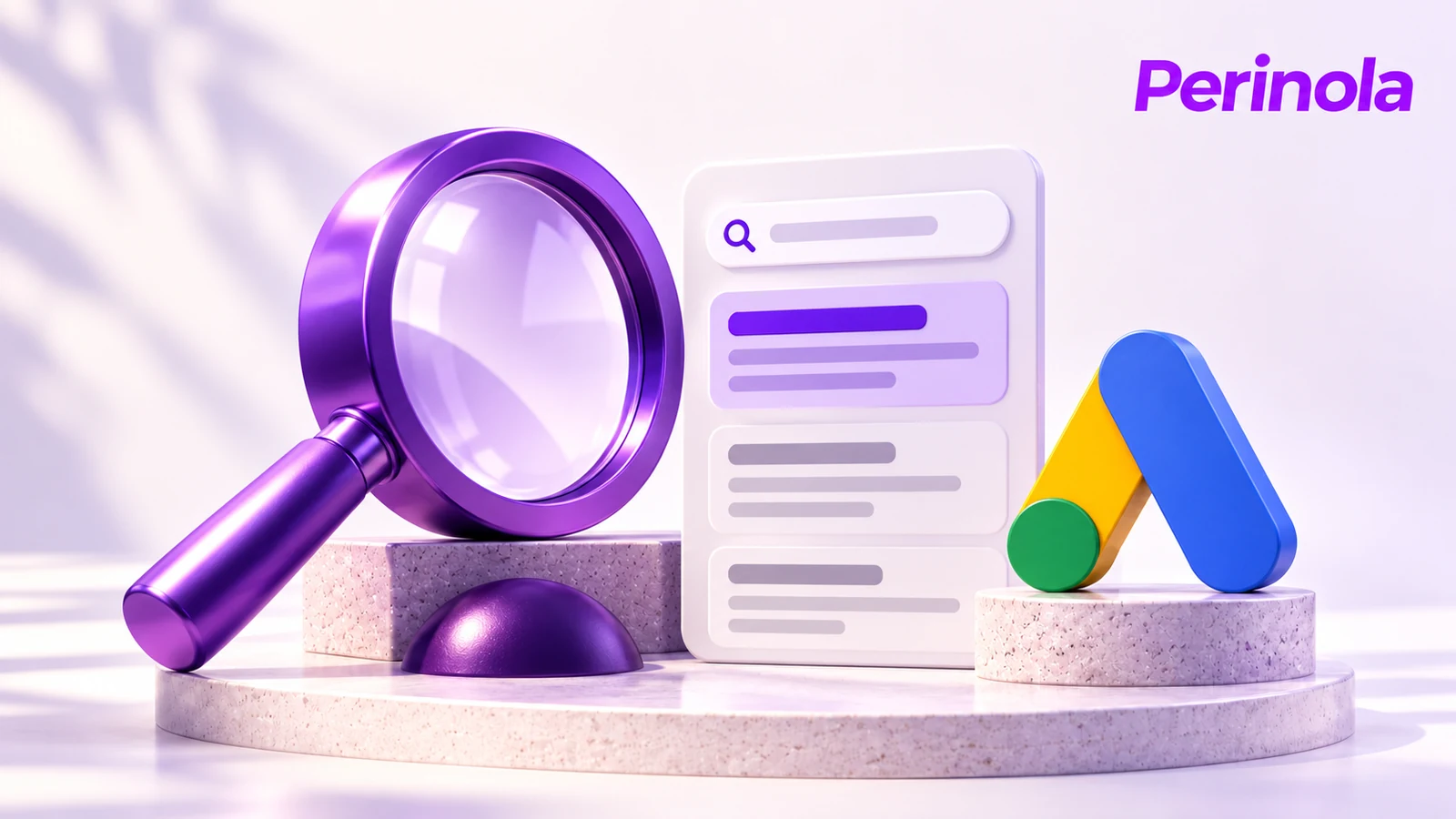 Lupa violeta y tarjeta de búsqueda junto al símbolo de Google Ads