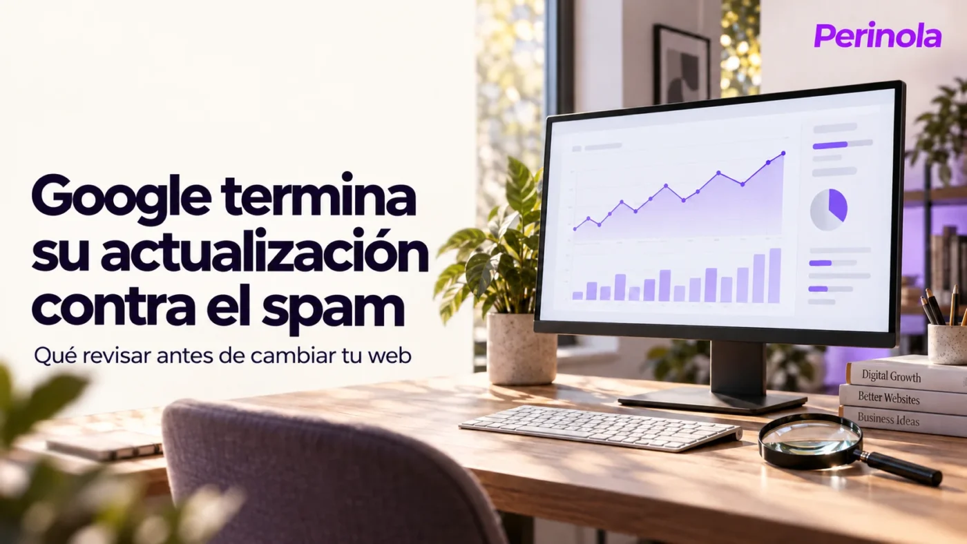 Monitor con una gráfica ilustrativa junto al texto sobre la actualización de Google contra el spam