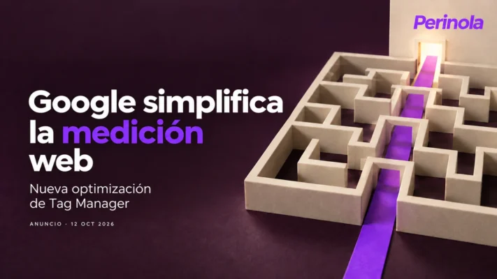 Ilustración conceptual generada con IA: una ruta violeta atraviesa un laberinto, junto al titular Google simplifica la medición web. Anuncio del 12 de octubre de 2026.