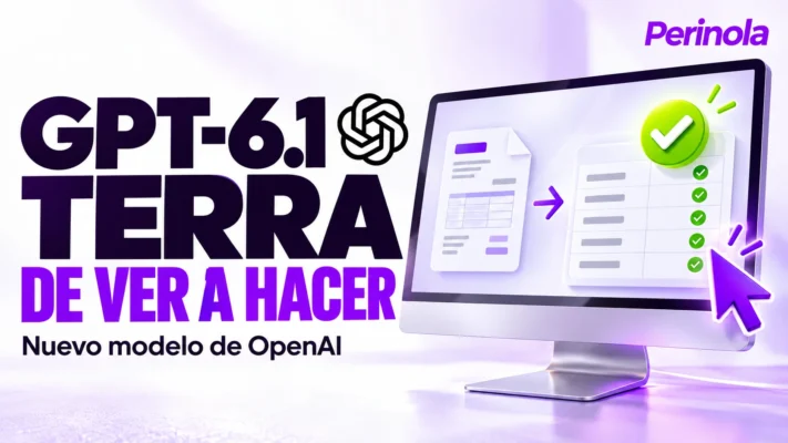 Ilustración conceptual de GPT-6.1 Terra: documento convertido en tabla dentro de un monitor, con marcas de verificación. Perinola arriba a la derecha. No es captura del producto.