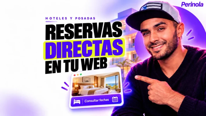Carlos Acevedo señala una tarjeta ilustrativa de hotel con Consultar fechas, junto al texto Reservas directas en tu web.