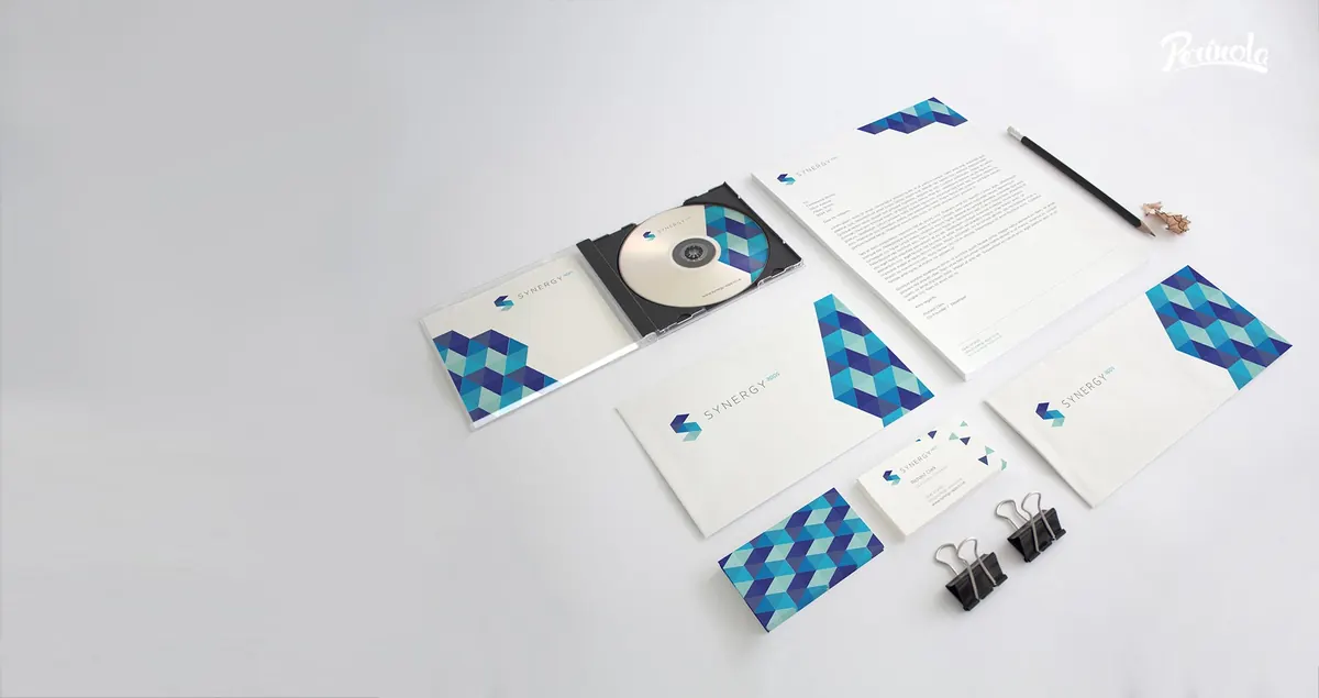 Papelería corporativa con logotipo azul: hojas membretadas, sobres, tarjetas de presentación y un CD sobre fondo blanco