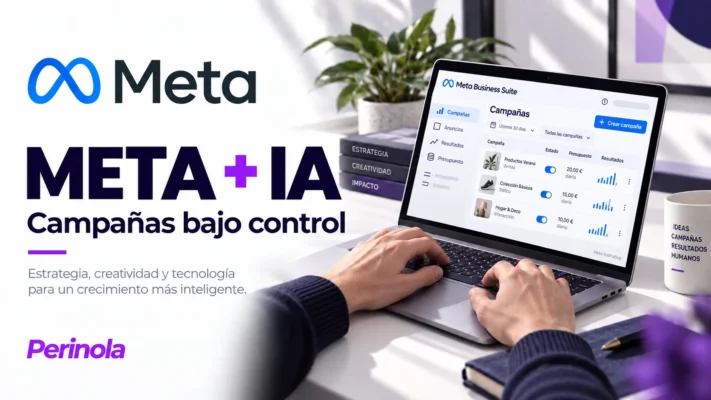Dos manos trabajando en un portátil con una vista ilustrativa de campañas de Meta Business Suite