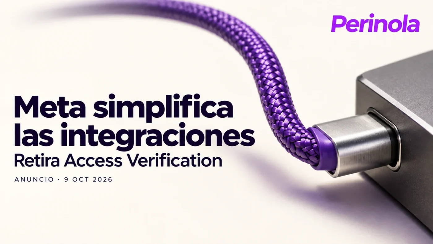 Conector metálico con cable violeta como metáfora de la integración entre sistemas; Meta retira Access Verification.