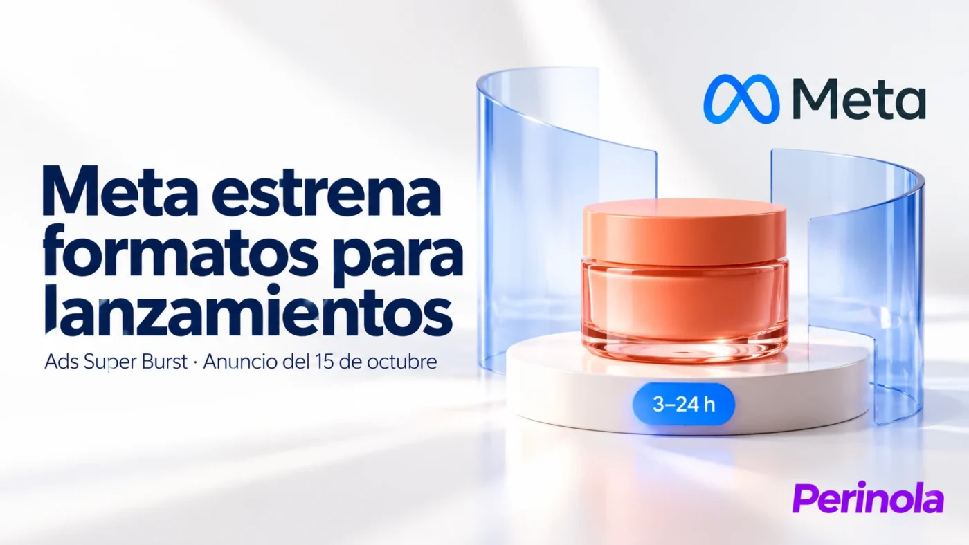 Producto de cuidado personal en un escenario luminoso con el logo de Meta y el titular Meta estrena formatos para lanzamientos. Ilustración conceptual generada con IA.