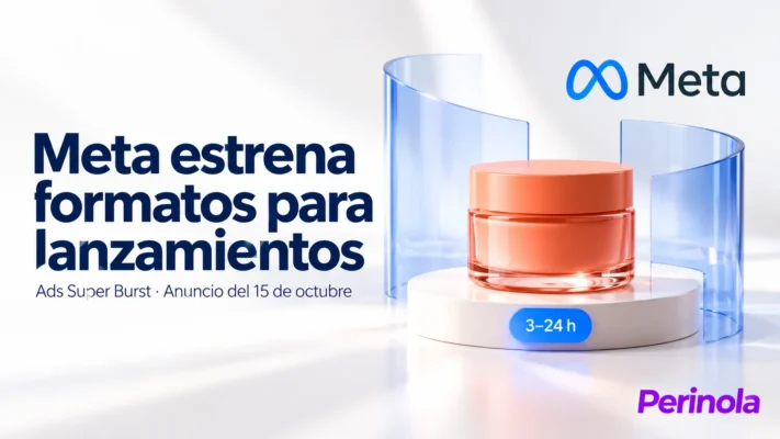 Producto de cuidado personal en un escenario luminoso con el logo de Meta y el titular Meta estrena formatos para lanzamientos. Ilustración conceptual generada con IA.