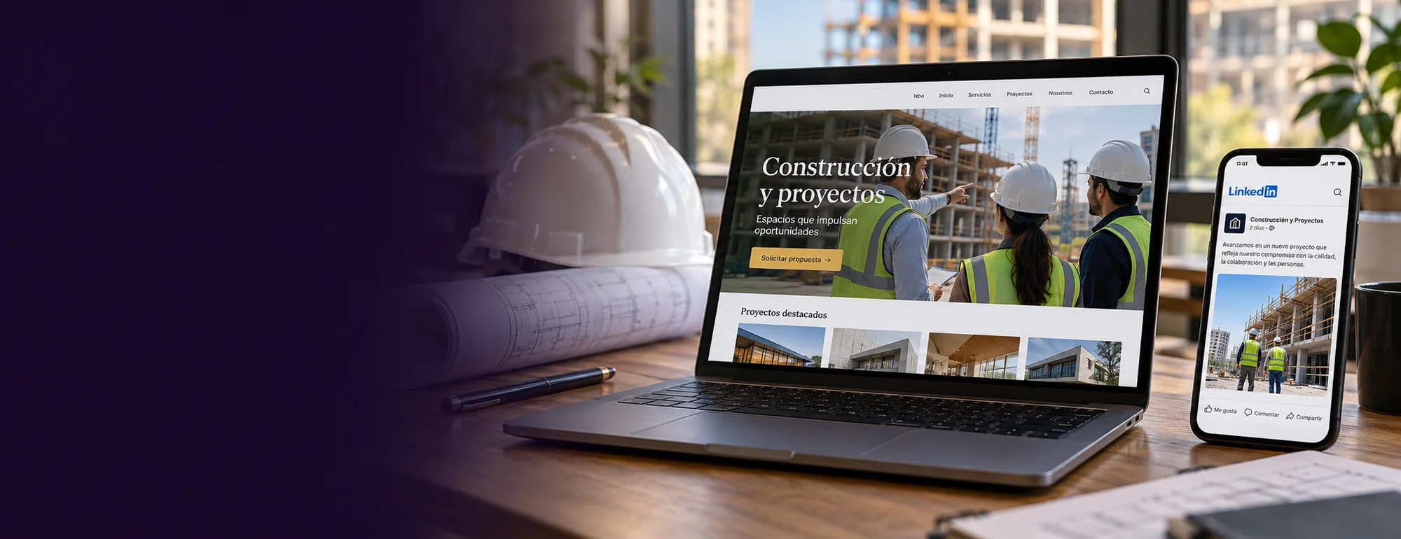Ejemplo visual de marketing para constructoras: pantallas y contexto profesional del servicio