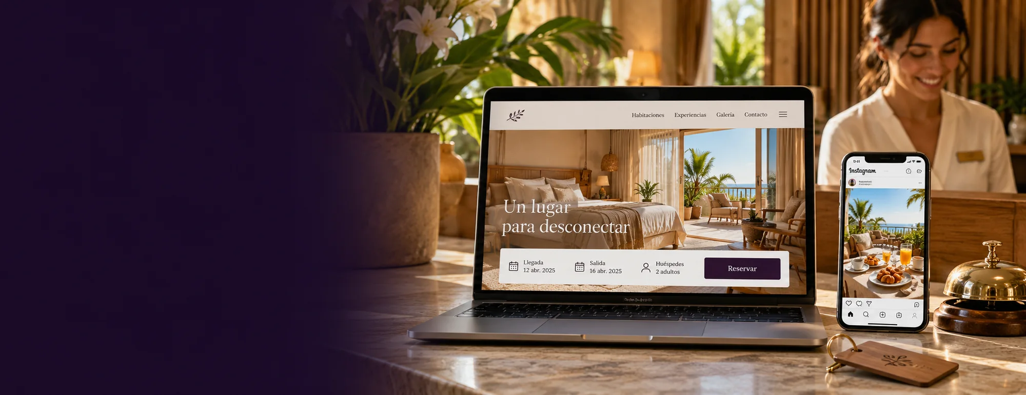 Ejemplo visual de marketing para hoteles y posadas: pantallas y contexto profesional del servicio