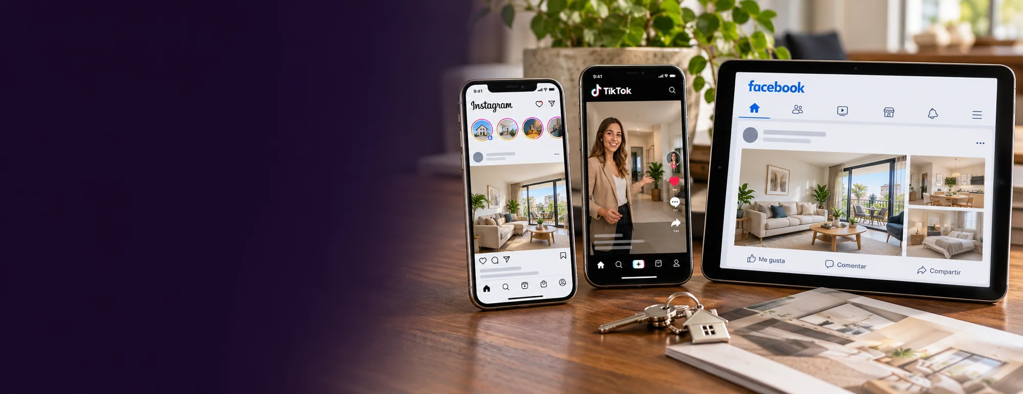 Ejemplo visual de redes para inmobiliarias: pantallas y contexto profesional del servicio