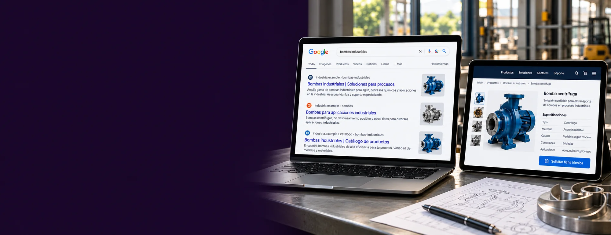Ejemplo visual de seo industrial: pantallas y contexto profesional del servicio
