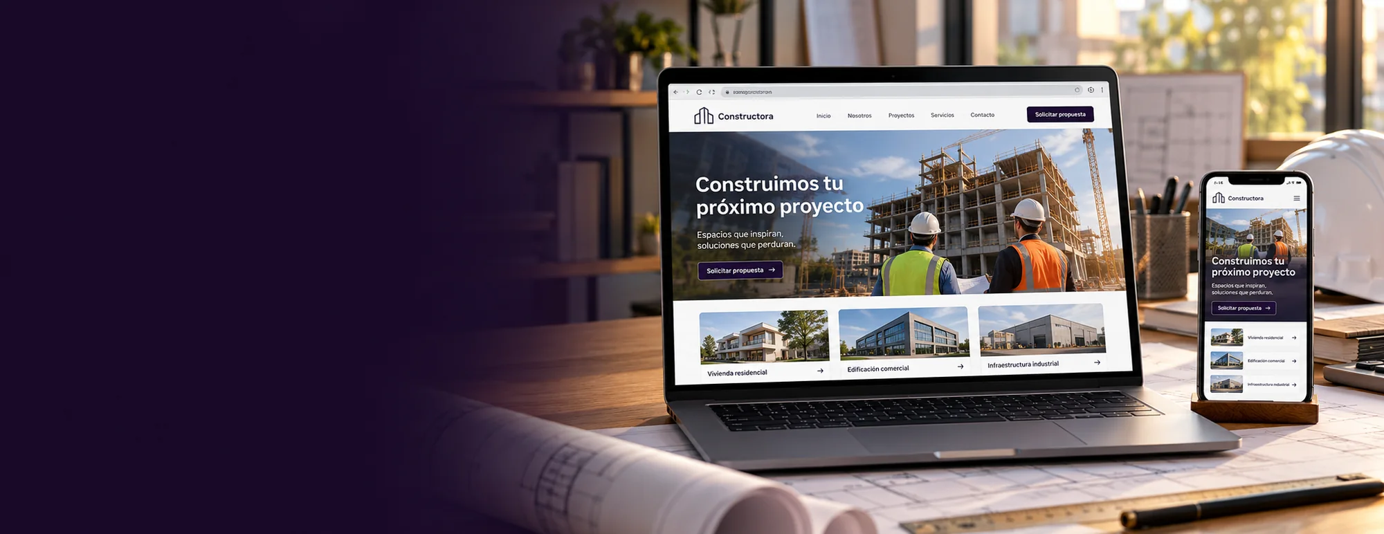 Ejemplo visual de diseño web para constructoras: pantallas y contexto profesional del servicio