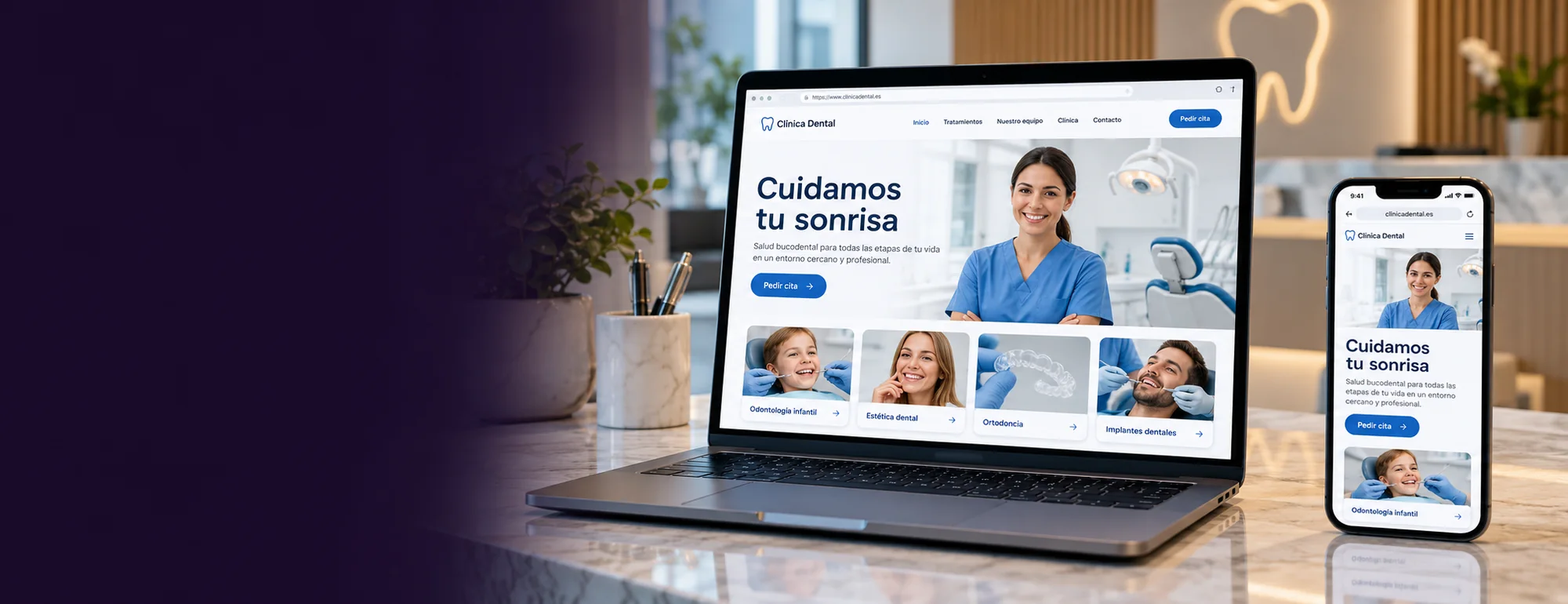 Ejemplo visual de diseño web dental: pantallas y contexto profesional del servicio