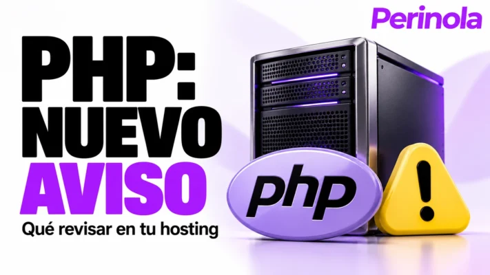 Servidor con emblema PHP y señal de aviso, junto al texto PHP: nuevo aviso. Ilustración conceptual creada con IA sobre la actualización de paquetes Windows.