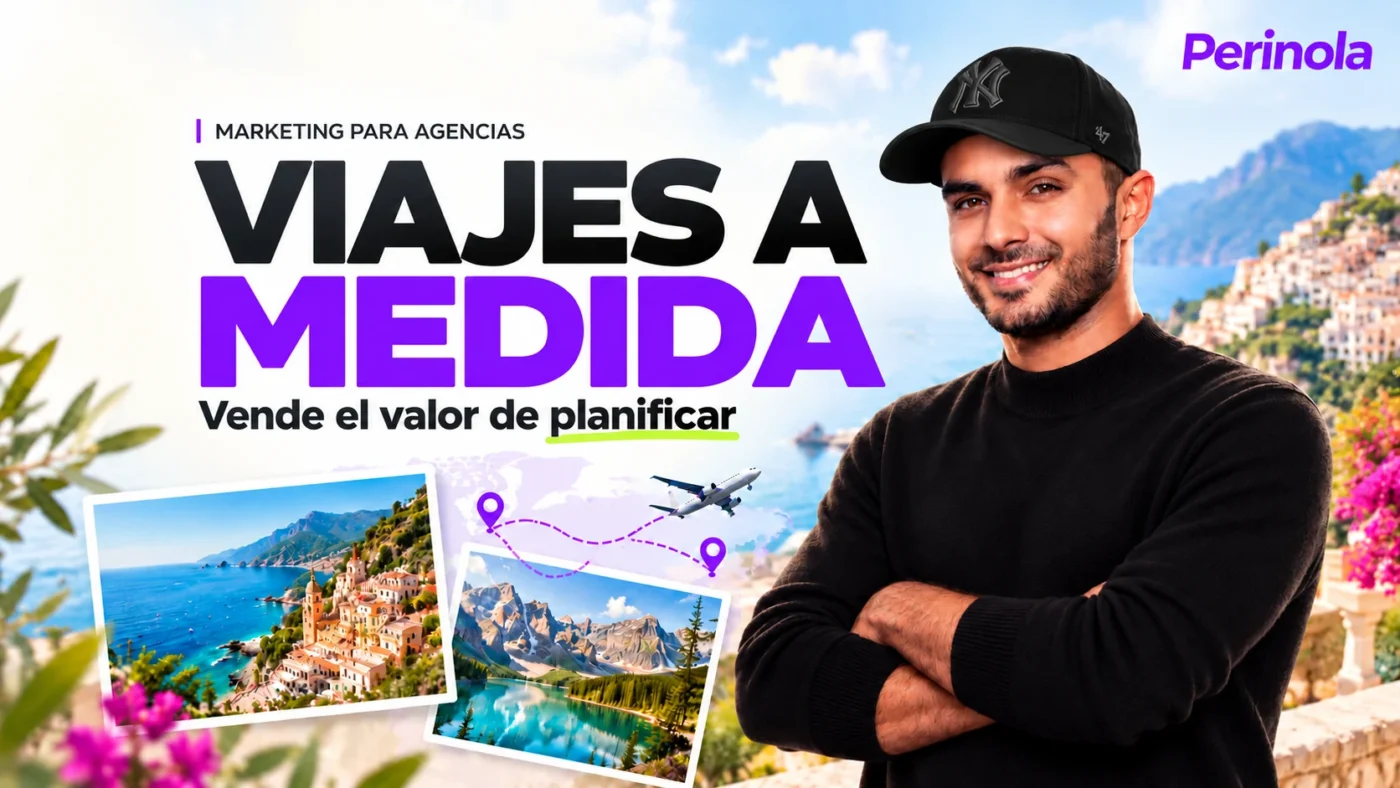 Carlos Acevedo con gorra negra junto a destinos e itinerario de viajes a medida. Ilustración editorial con IA.