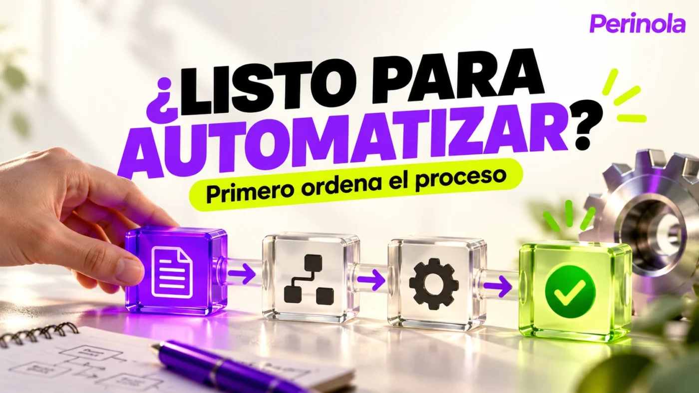 Bloques conectados de documentos, proceso y aprobación junto al título sobre automatización. Ilustración editorial con IA. Perinola arriba a la derecha.