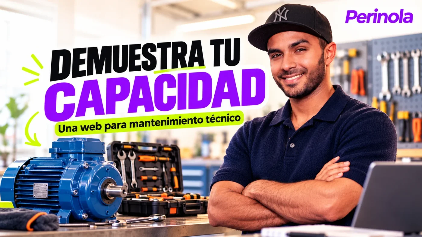 Carlos Acevedo junto a un motor y herramientas, con un mensaje sobre mostrar capacidad de mantenimiento técnico. Ilustración editorial con IA. Perinola arriba a la derecha.