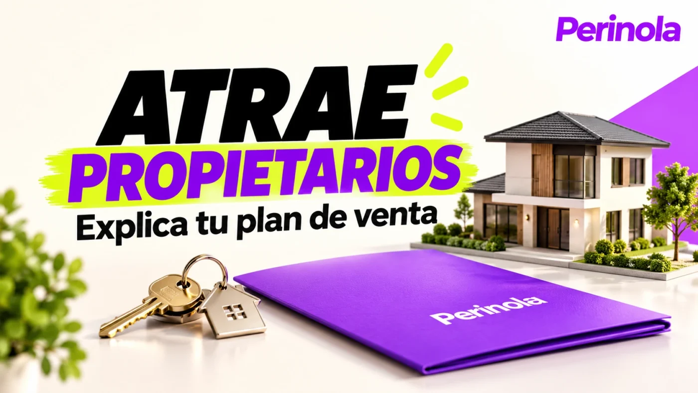 Maqueta de vivienda, llaves y carpeta junto al mensaje para atraer propietarios. Ilustración editorial con IA. Perinola arriba a la derecha.