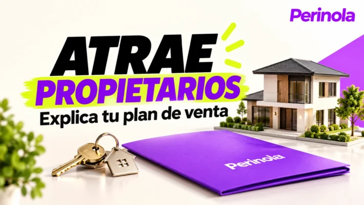 Maqueta de vivienda, llaves y carpeta junto al mensaje para atraer propietarios. Ilustración editorial con IA. Perinola arriba a la derecha.