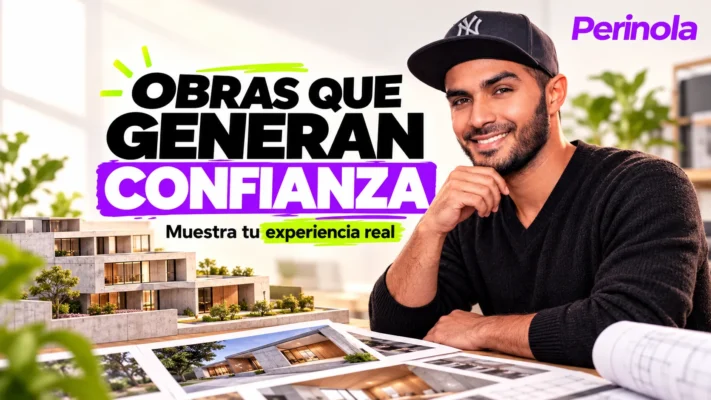 Carlos Acevedo con maqueta y portafolio de construcción, junto al mensaje sobre experiencia real. Ilustración editorial con IA. Perinola arriba a la derecha.
