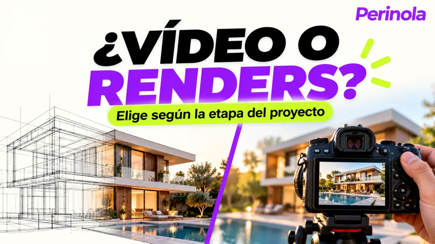 Comparación ilustrativa de un render arquitectónico y una cámara grabando una vivienda. Ilustración editorial con IA. Perinola arriba a la derecha.