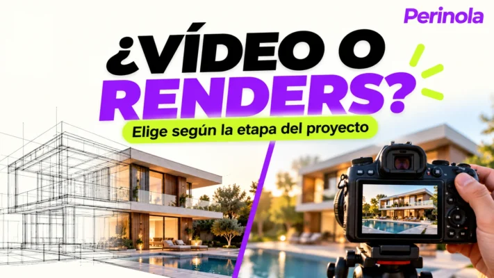 Comparación ilustrativa de un render arquitectónico y una cámara grabando una vivienda. Ilustración editorial con IA. Perinola arriba a la derecha.