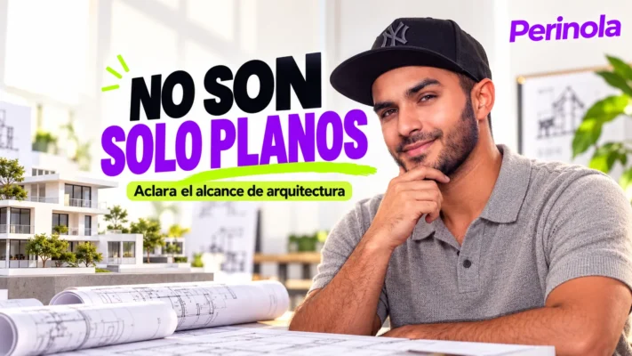 Carlos Acevedo con planos y maqueta, junto al mensaje sobre aclarar el alcance de arquitectura. Ilustración editorial con IA. Perinola arriba a la derecha.