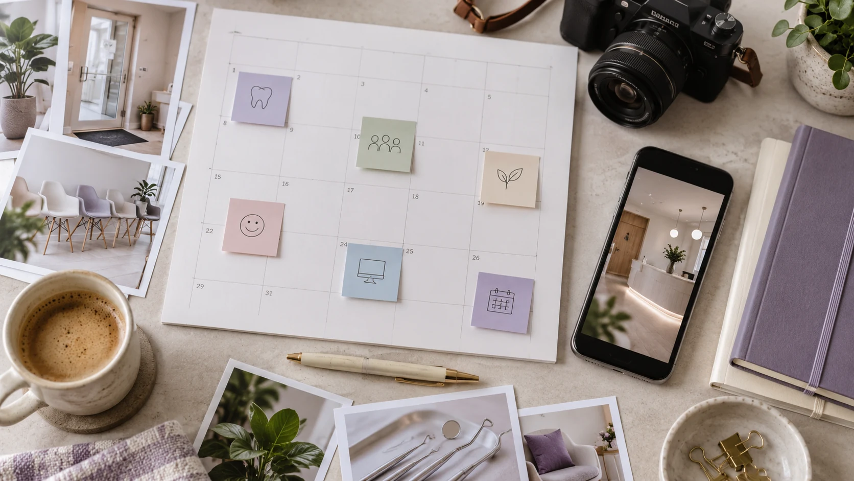 Calendario de papel con notas, fotografías de espacios y un teléfono para planificar contenidos de una clínica.