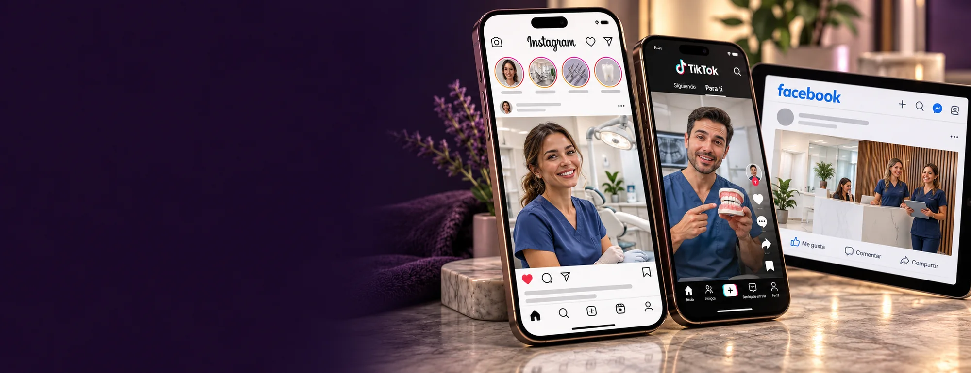 Mockup ilustrativo de Instagram, TikTok y Facebook con contenido para una clínica dental