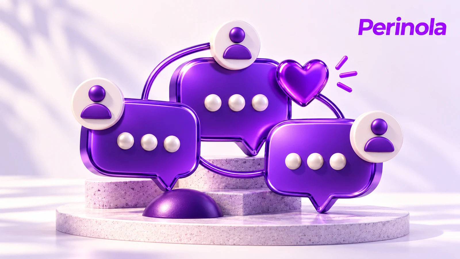 Burbujas de conversación violetas conectadas con símbolos de comunidad