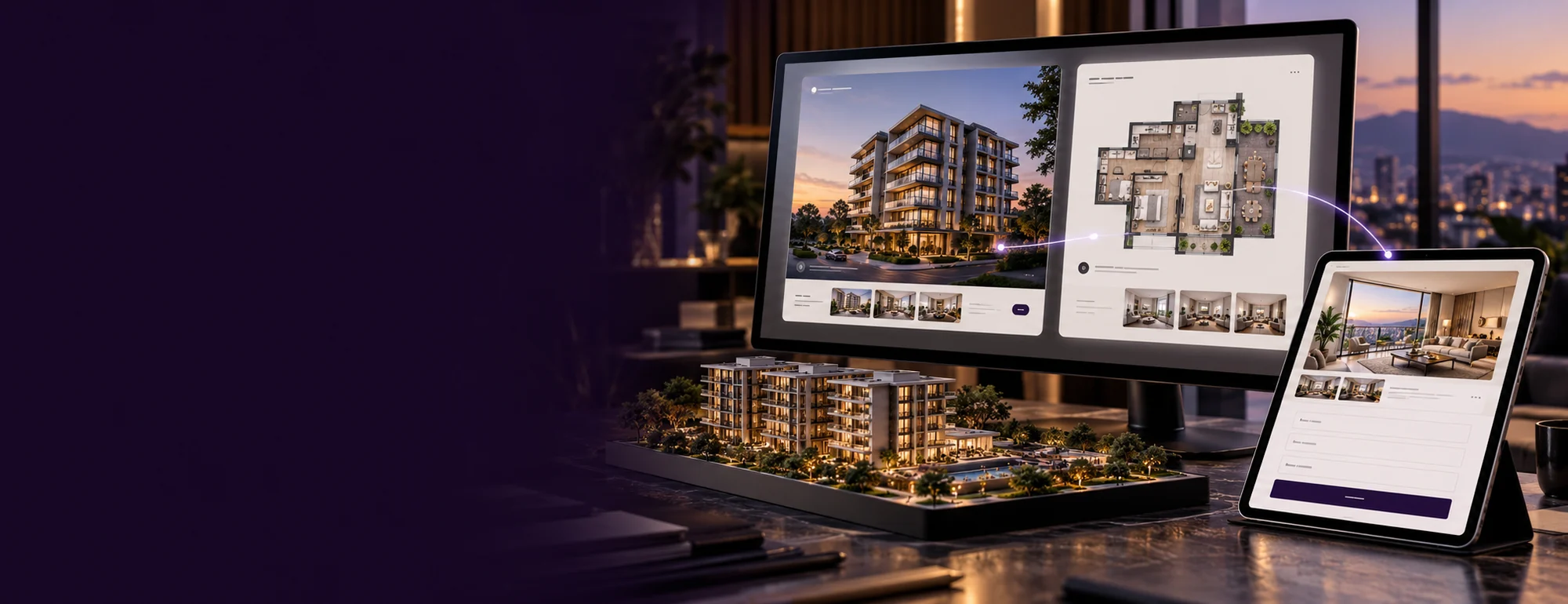 Visualización conceptual de publicidad digital para promotoras inmobiliarias: herramientas digitales y materiales específicos del servicio.