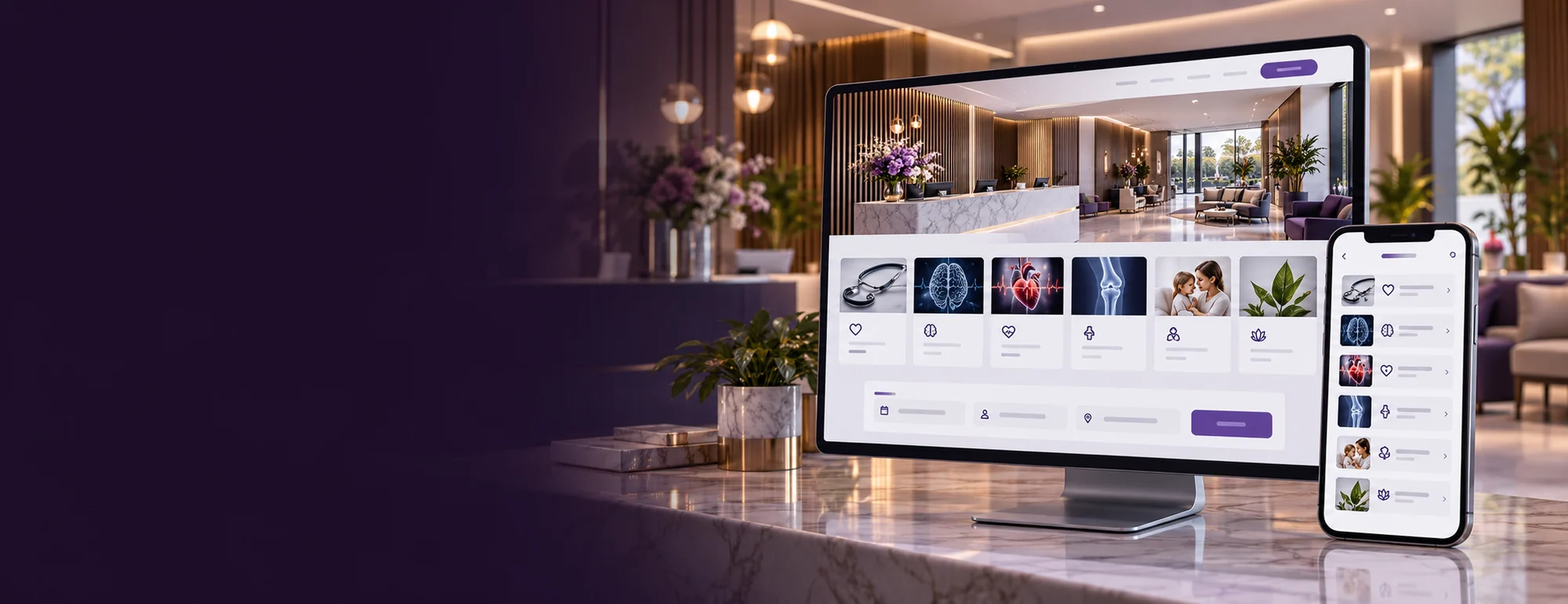 Visualización conceptual de marketing digital para clínicas y centros médicos: herramientas digitales y materiales específicos del servicio.