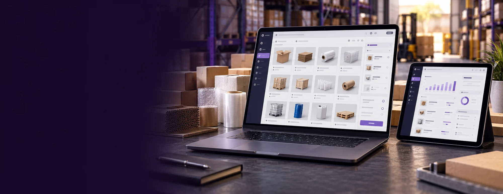 Visualización conceptual de marketing para importadoras y distribuidoras: herramientas digitales y materiales específicos del servicio.