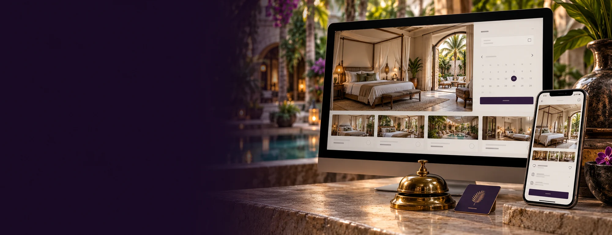 Visualización conceptual de marketing digital para hoteles y posadas: herramientas digitales y materiales específicos del servicio.