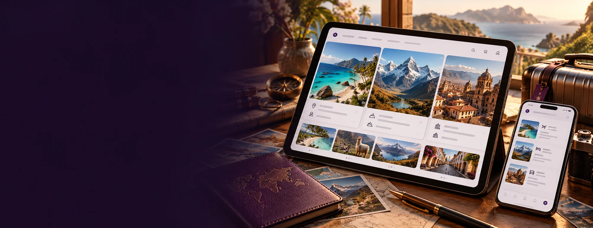 Visualización conceptual de marketing digital para agencias de viajes: herramientas digitales y materiales específicos del servicio.