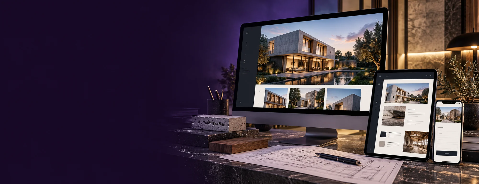Visualización conceptual de diseño web para constructoras: herramientas digitales y materiales específicos del servicio.