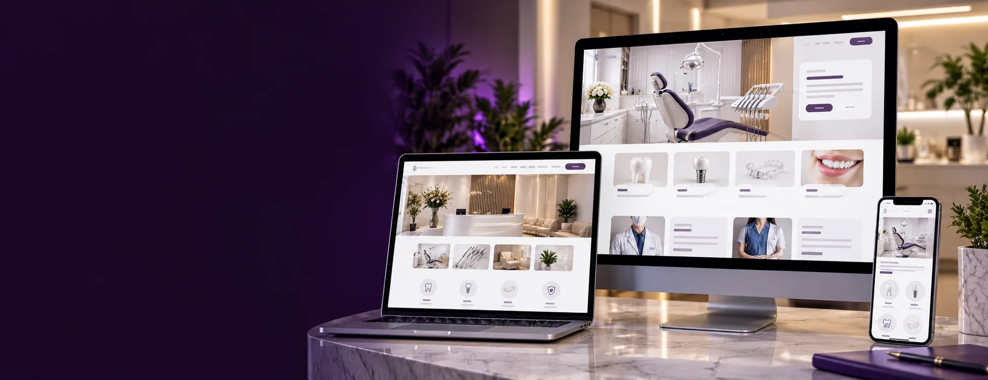 Visualización conceptual de diseño web para clínicas dentales: herramientas digitales y materiales específicos del servicio.