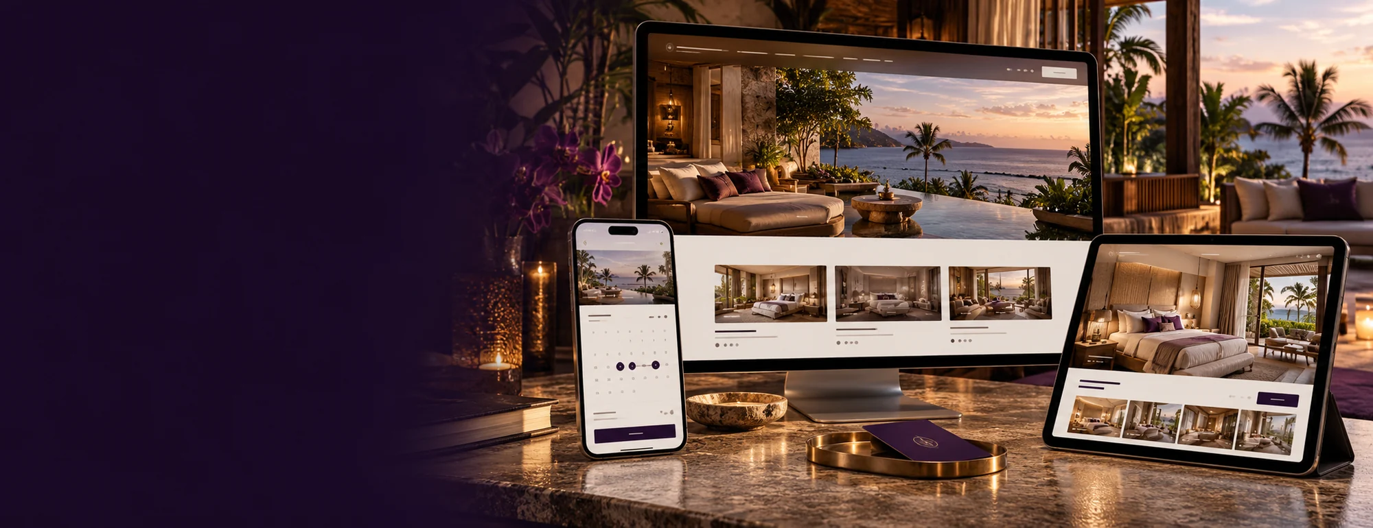 Visualización conceptual de diseño web para hoteles y posadas: herramientas digitales y materiales específicos del servicio.