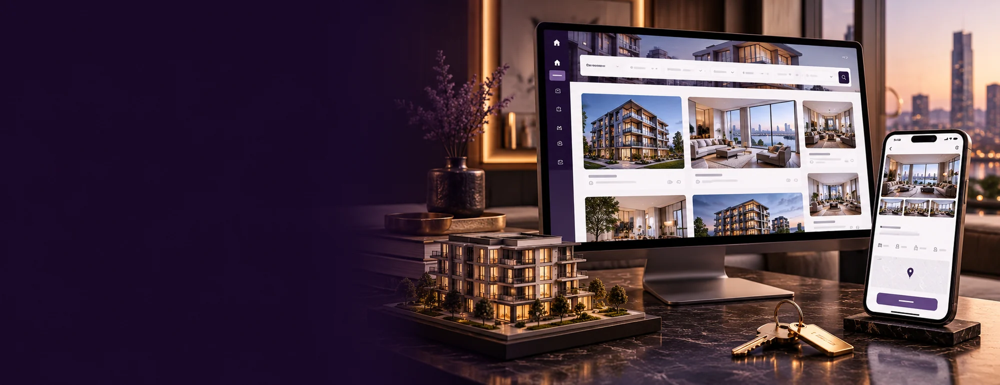 Visualización conceptual de diseño web para inmobiliarias: herramientas digitales y materiales específicos del servicio.