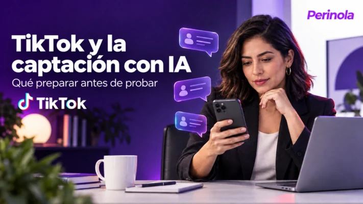 Ilustración de una profesional revisando consultas con IA, junto al logo de TikTok.