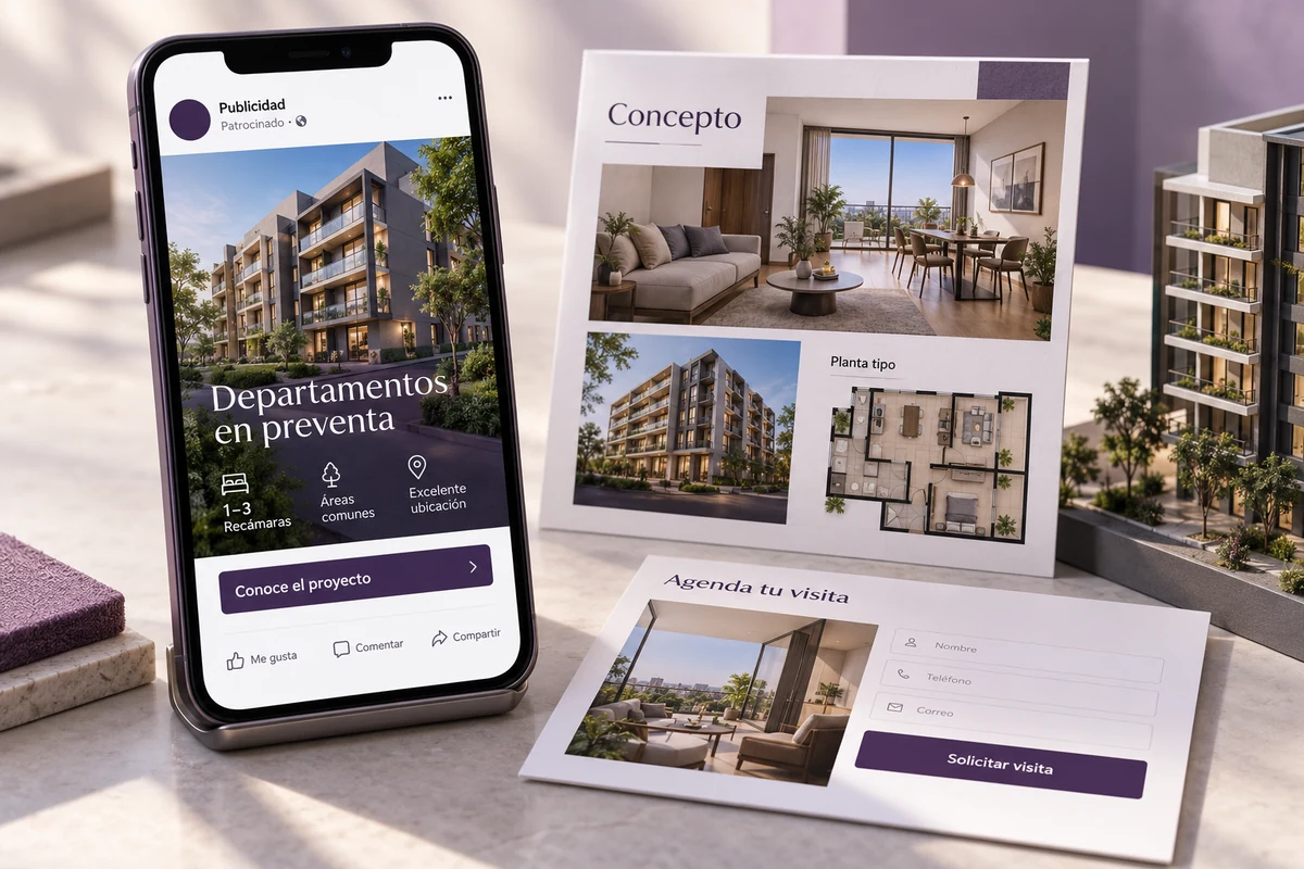 Mockup conceptual de campaña de proyecto para publicidad digital para promotoras inmobiliarias