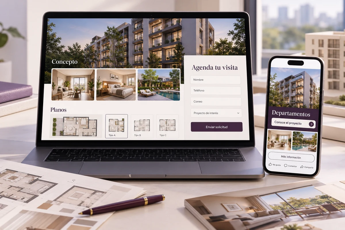 Mockup conceptual de campaña y página para publicidad digital para promotoras inmobiliarias