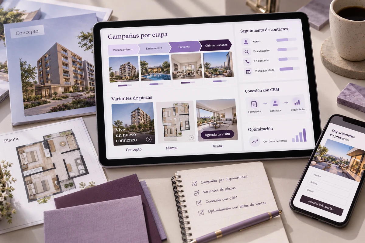 Mockup conceptual de gestión por etapas para publicidad digital para promotoras inmobiliarias