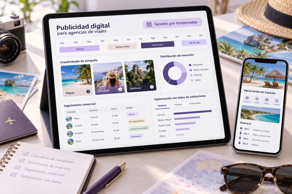 Mockup conceptual de gestión por temporadas para publicidad digital para agencias de viajes