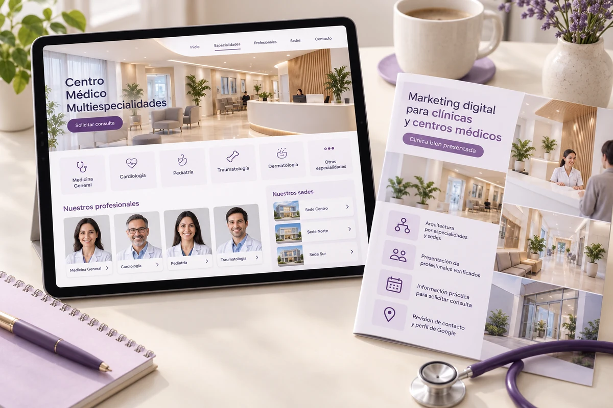 Mockup conceptual de clínica bien presentada para marketing digital para clínicas y centros médicos