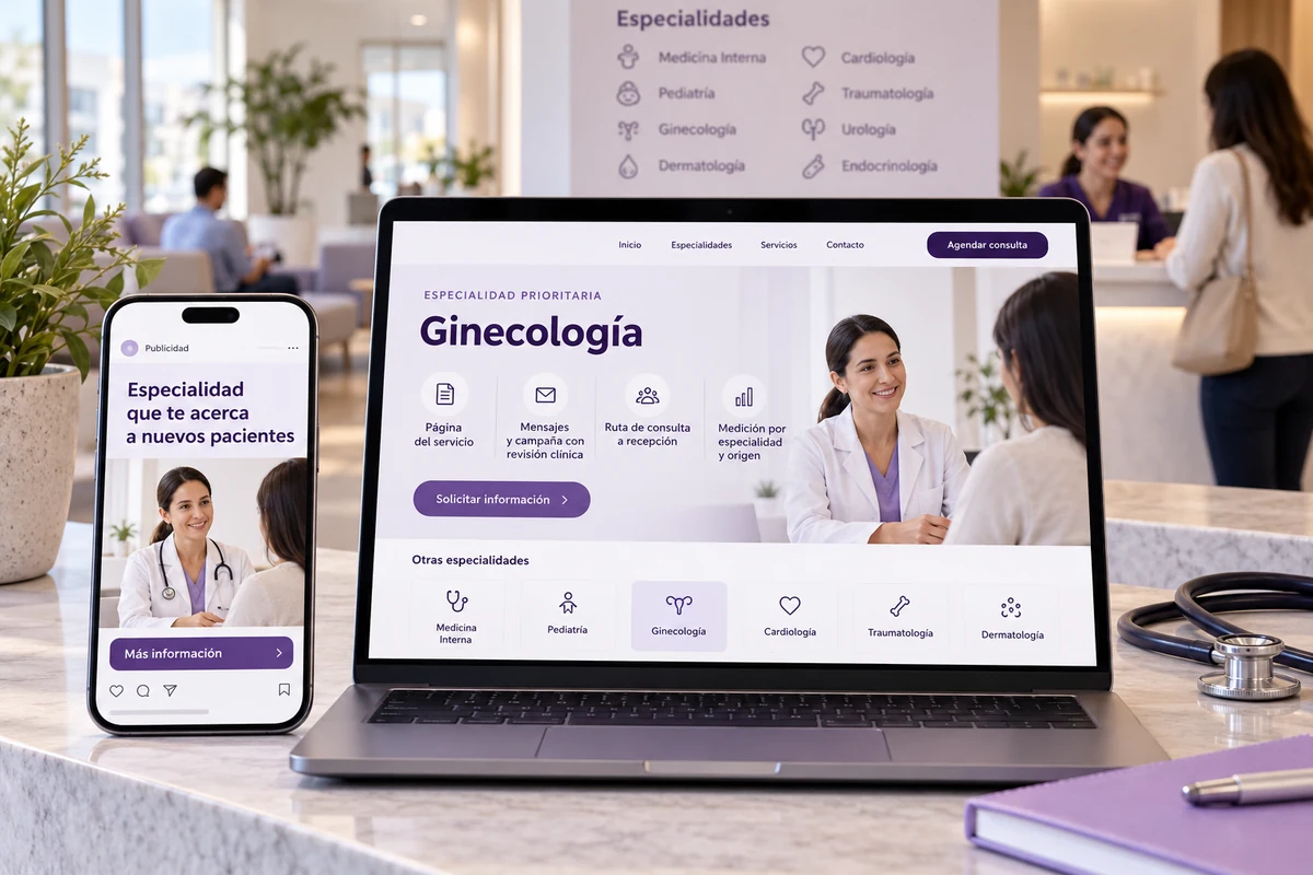 Mockup conceptual de especialidad prioritaria para marketing digital para clínicas y centros médicos